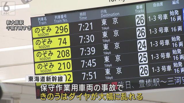 東海道新幹線きょう始発から全線で運転再開　保守用車両事故でダイヤ乱れ約２５万人に影響　午前６時台に４便を臨時で増便