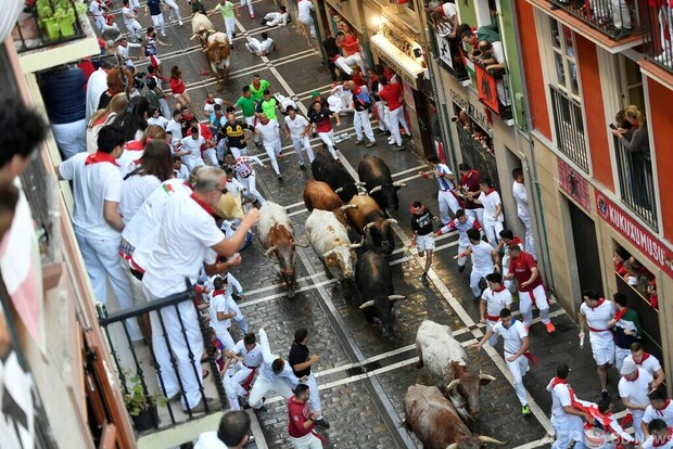 スペインで名物「牛追い祭」開幕