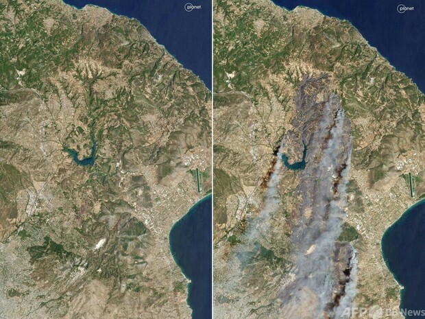 アテネ近郊の山火事、衛星写真 ギリシャ