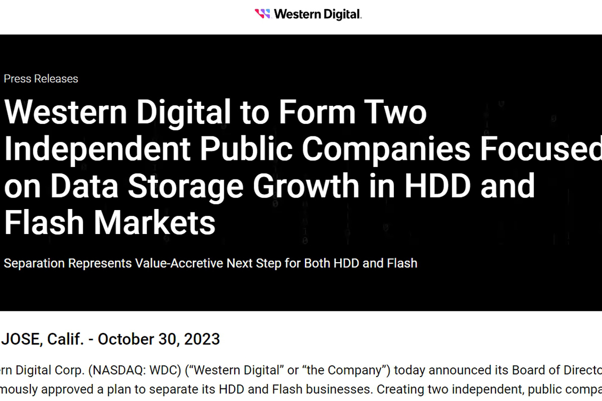 米ウェスタンデジタル、HDD事業とフラッシュ事業を分離へ