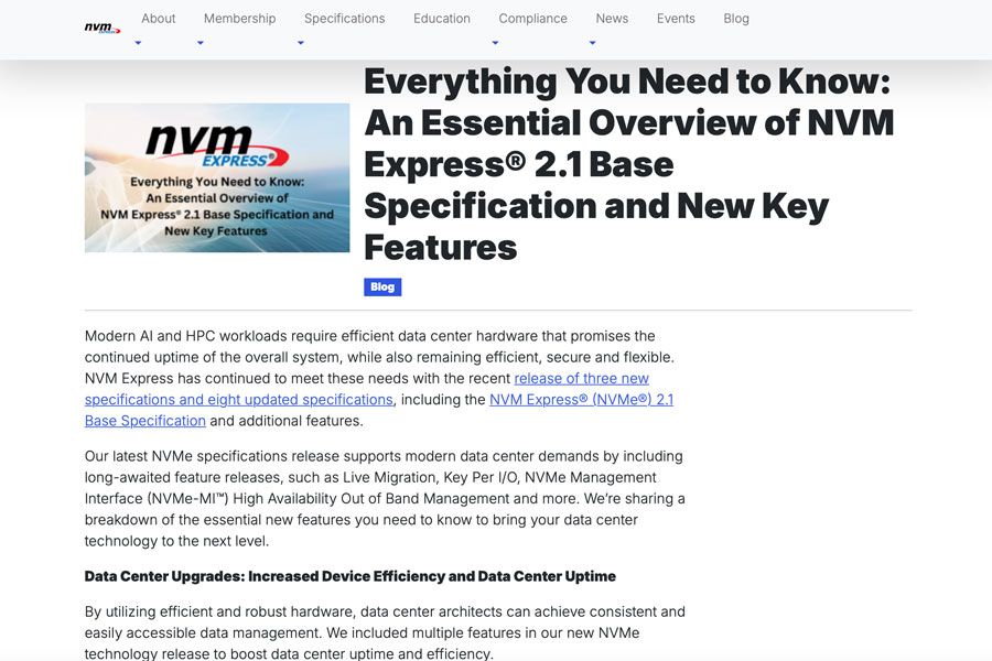 データセンター向け機能を強化した「NVMe 2.1」仕様公開