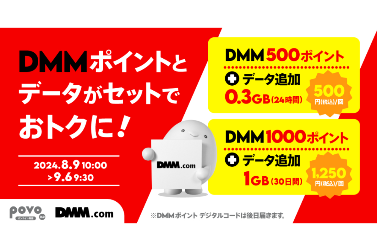 povo2.0、DMMポイントとギガがセットになったトッピング500円で提供