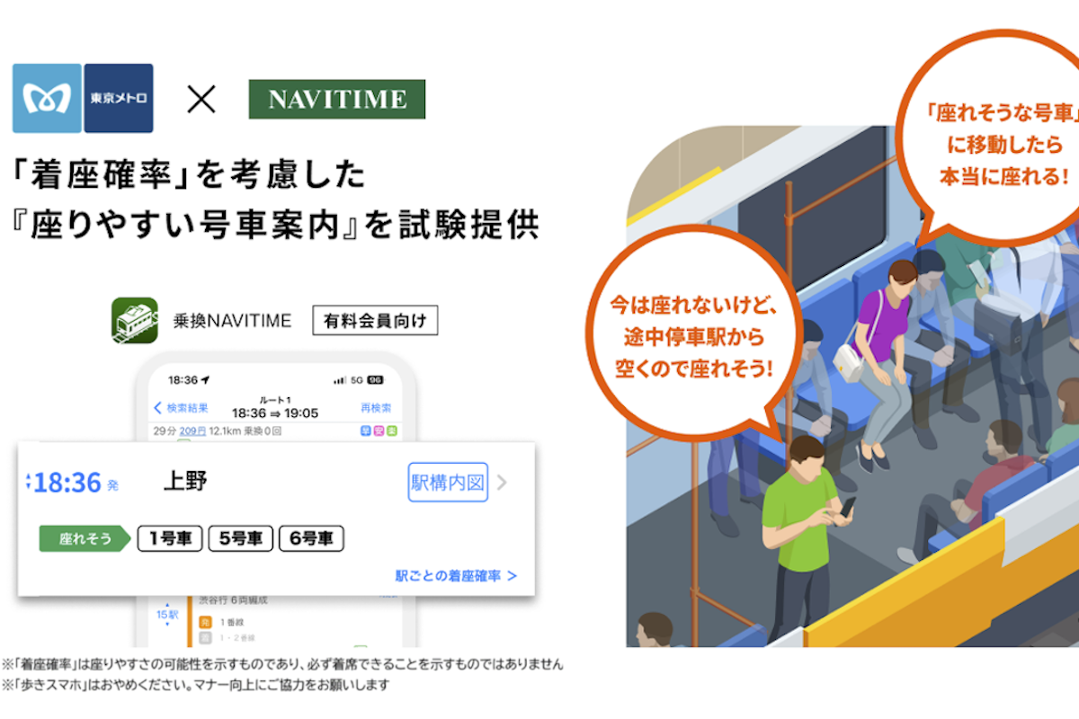 ナビタイム、東京メトロで「座りやすい号車案内」を試験提供　有料会員向け