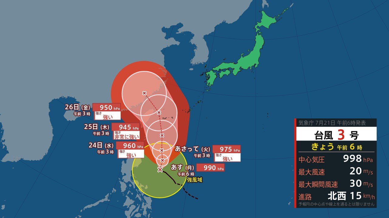台風3号“ケーミー”北上中　24日以降に先島諸島に接近し直撃の恐れも　その後は中国大陸方向へ【台風情報と台風予想進路・今後の16日間天気予報】