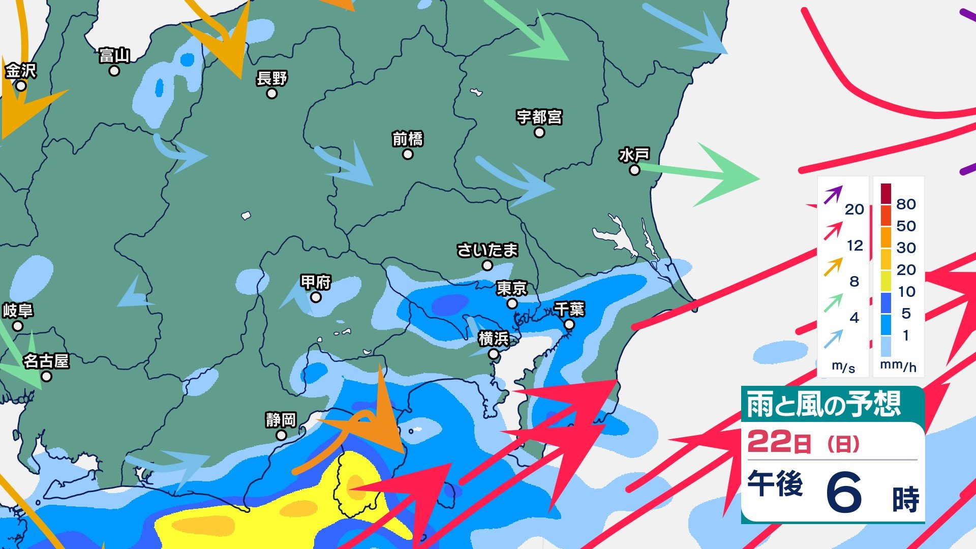 関東甲信は昼過ぎにかけて“バケツをひっくり返したような”激しい雷雨か　関東南部では24時間120ミリ予想　雨雲の発達次第では“警報級の大雨”の恐れ【今後の雨風シミュレーション・22日午後0時半更新】