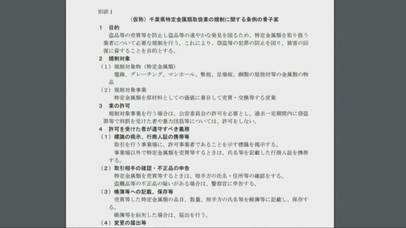 県内被害額21億円 金属盗難急増で売買業者規制の条例制定へ／千葉県警