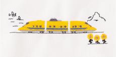 東海道新幹線の歴代車両とドクターイエローを刺繍でデザインしたトート