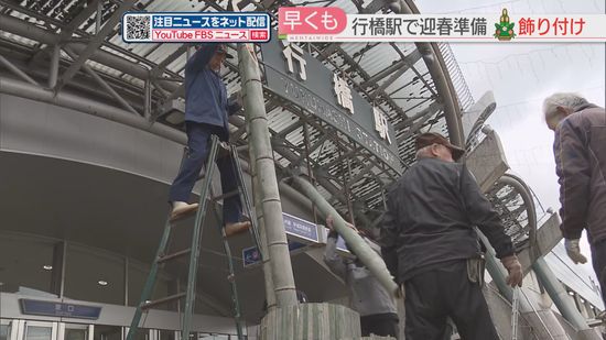 高さ3.5メートルの門松が駅の利用者をお出迎え　地元の松・梅を飾り付けて新年準備　JR行橋駅