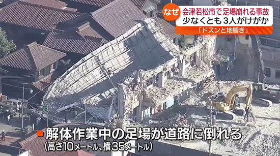 倒壊したがれきが道路をふさぐ…会津若松市で解体作業現場の足場が崩れる・福島