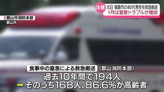 餅が詰まるなど1月は窒息による救急搬送が増加　元日に福島市でも80代男性を搬送　