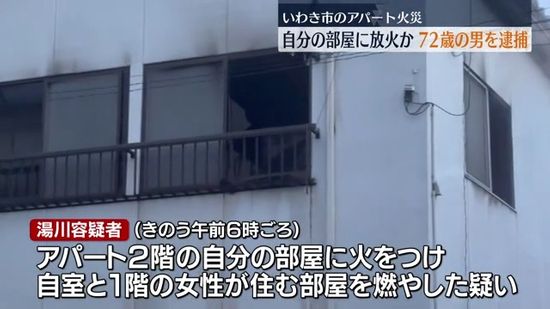 アパートの自分の部屋を放火した疑い　いわき市の72歳男を逮捕　福島県