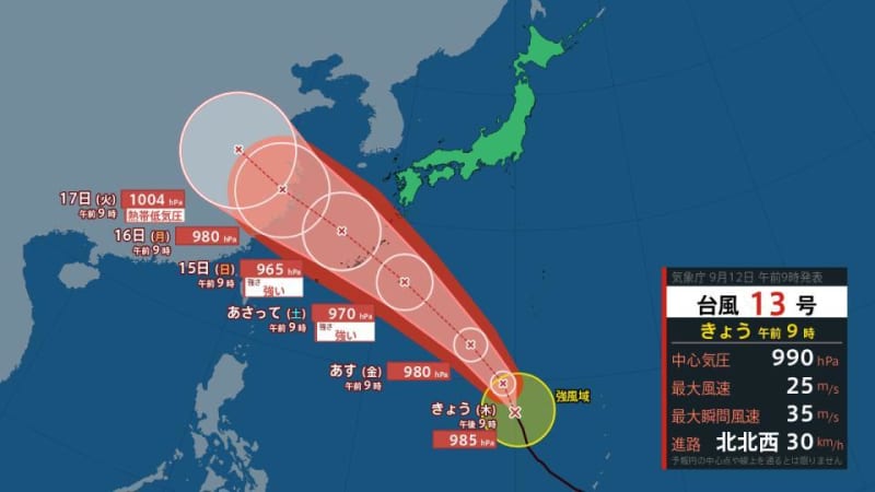 【台風13号】最新情報　14日（土）日本の南に接近、最大瞬間風速50ｍ　週末３連休の影響は…週間予報と最新進路予想（気象庁12日午前９時45分発表）