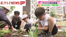 「親しめる広場に」エディオンピースウイング周辺で児童が花の苗を植樹     広島市