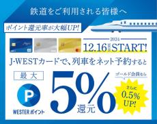 J-WESTカード、列車のネット予約で最大5％還元にアップ　新規入会＆利用で最大1万ポイント還元も