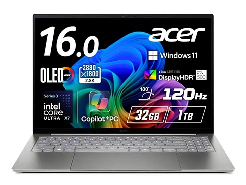 エイサー、Core Ultra X7を搭載したCopilot+ PC準拠の16型ノート