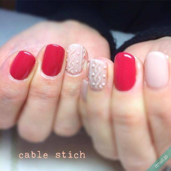 【No.030】ネイルチップ♡赤ネイル♡オフホワイト♡冬ネイル♡ニットネイル No.030】ネイルチップ♡赤ネイル♡オフホワイト♡冬ネイル