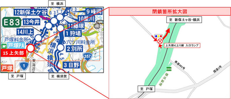 横浜新道上り線上矢部ICの入口ランプで逆走対策工事　11月6、7日に夜間閉鎖