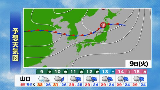 【山口天気 夕刊7/8】体力消耗していませんか？あす9日(火)は雲増加で所々にわか雨も熱中症「厳重警戒」続く　今週後半は梅雨末期の大雨への心構えも高めて