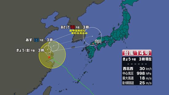 【山口天気 朝刊9/20】きょう20日(金)が今年ラスト猛暑日に　台風14号＆秋雨前線南下で 週末は一時激しい雨・突風注意