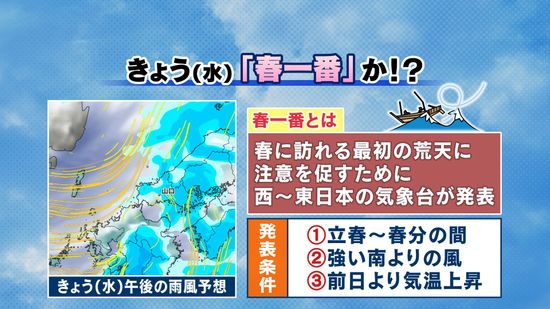 【山口天気 朝刊2/12】きょう12日(水)は昼過ぎから夕方ごろにかけて 一時本降りの雨に 南風も強く「春一番」の可能性も