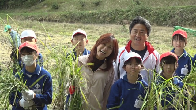 歌手・相川七瀬さんと小学生が古代米「赤米」の稲刈り　岡山・総社市