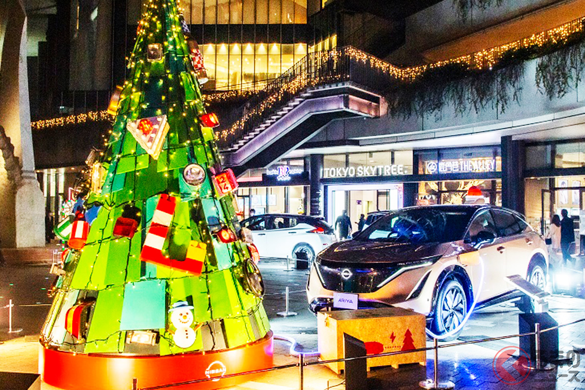 “もみの木”などを「サクラ／アリア／リーフ」で光らせる！ 日産「最新EV」が東京スカイツリーのクリスマスイルミに電力供給