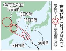 台風13号、奄美最接近へ　災害に厳重警戒、沖縄も