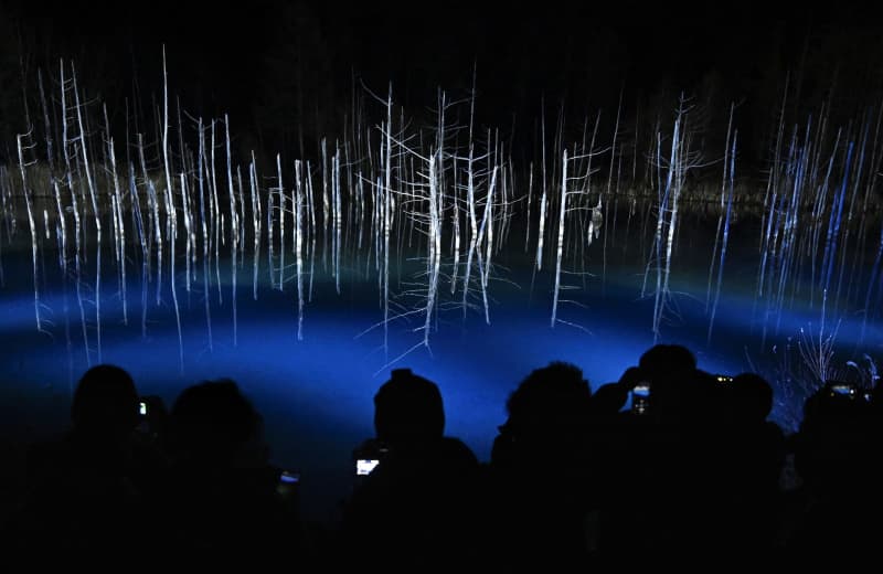 冬の夜、青く光る神秘の池　北海道美瑛町ライトアップ