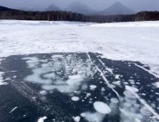 凍る湖に神秘の気泡　北海道・上士幌町の糠平湖