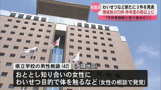 教職員の懲戒処分が今年度23件　昨年度の倍以上に　大隅地区の県立学校教諭わいせつで懲戒処分