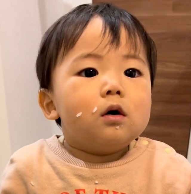 炊飯器のご飯がない！？→容疑者はご飯粒をたくさんつけた1歳男の子　ママの追及に「タベタ」「ゼンブタベタ」とあっさり白状