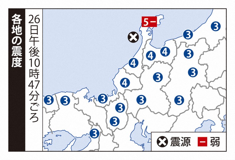 石川の地震で1人軽傷　70代女性が転倒　26日夜に震度5弱