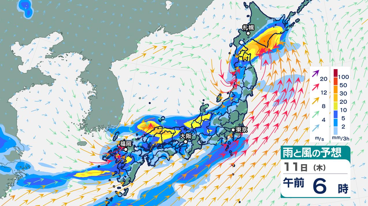 梅雨前線が本州付近に停滞　東北で大雨続く　週後半は九州から東北まで広い範囲で雨に　雨雲の予測9日～14日（日）雨シミュレーション