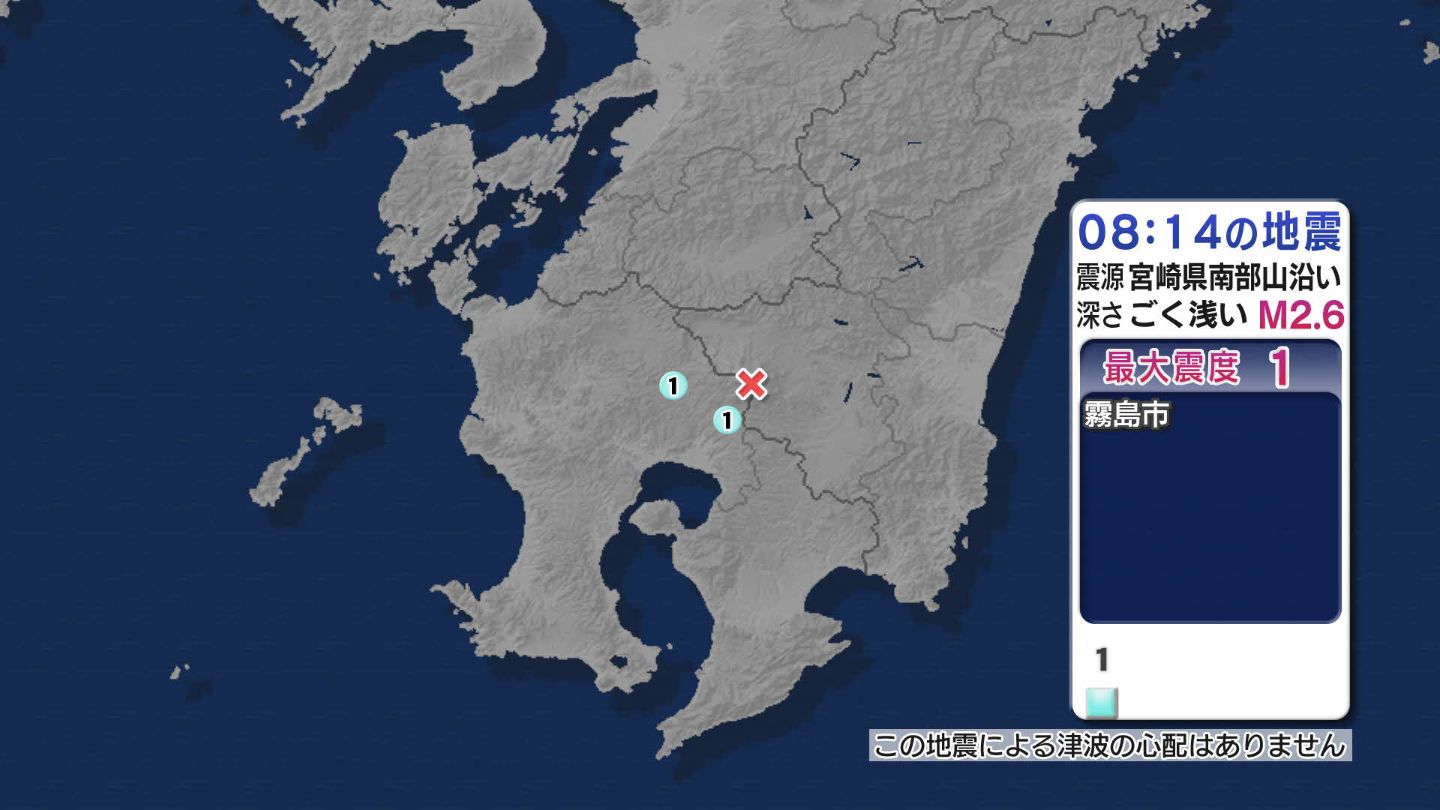 宮崎県南部山沿いで地震 霧島市で最大震度１ 津波の心配なし