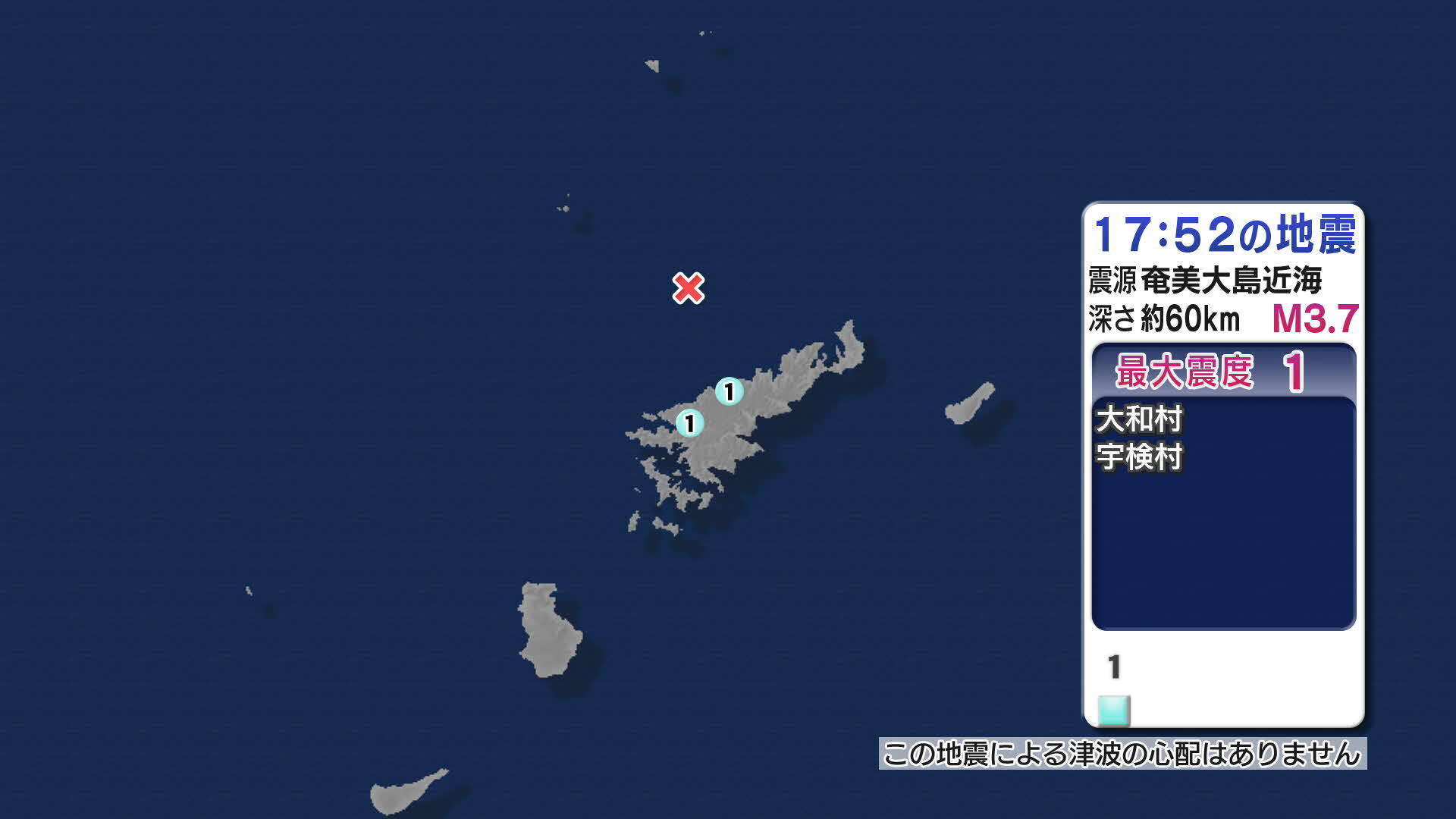 奄美大島近海で地震　大和村などで最大震度1　津波の心配なし