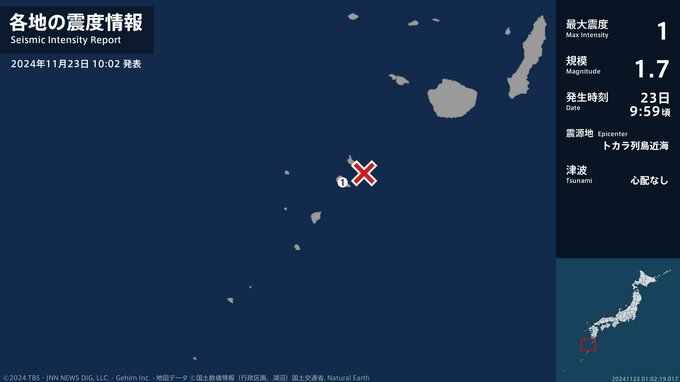 トカラ列島近海で地震 鹿児島十島村で最大震度１ 津波の心配なし