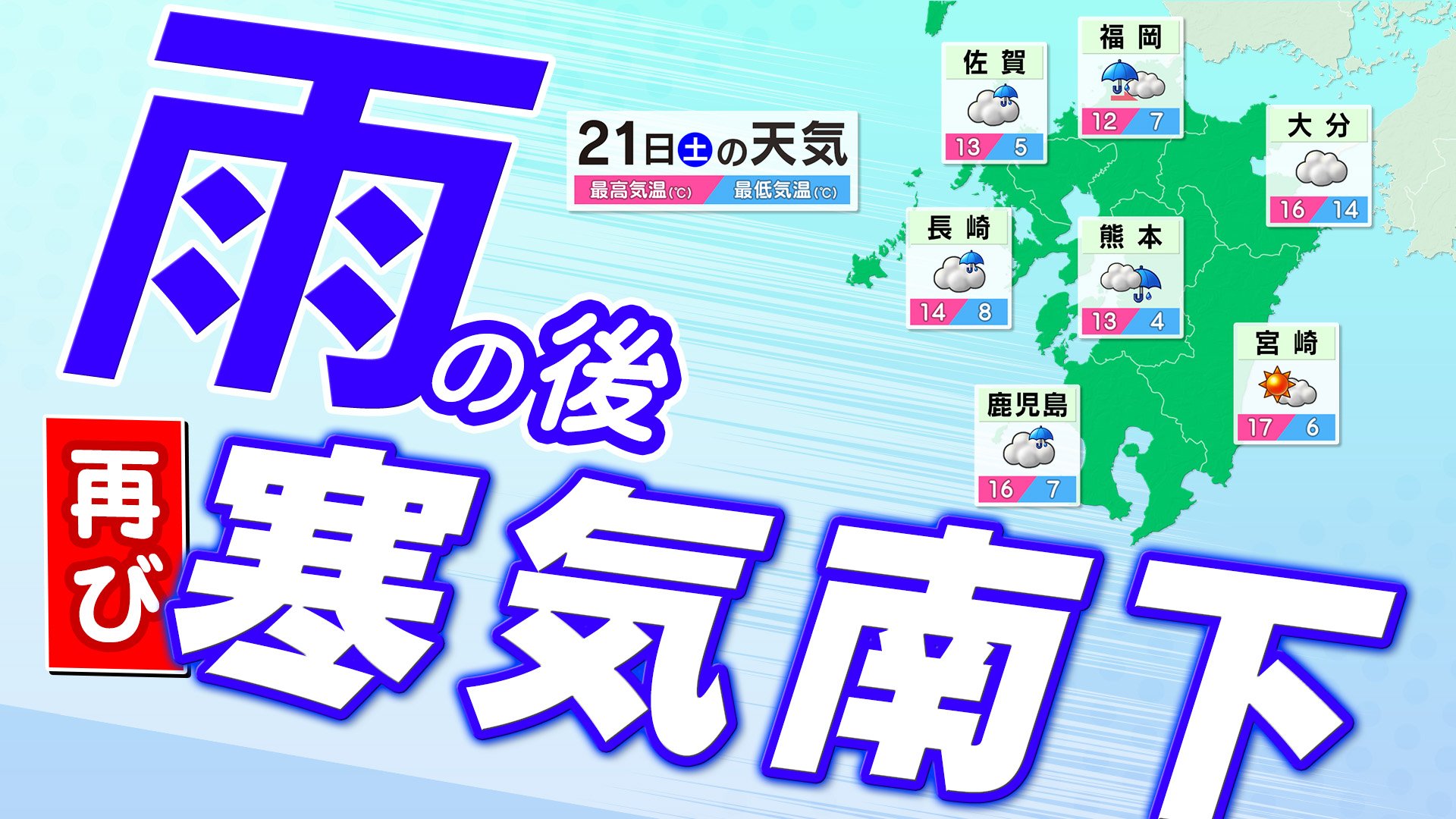 【九州の天気予報】雨のあと再び寒くなる　土日の天気＋週間予報【福岡・佐賀・長崎・大分・熊本・宮崎・鹿児島】雨・雪＋風のシミュレーション