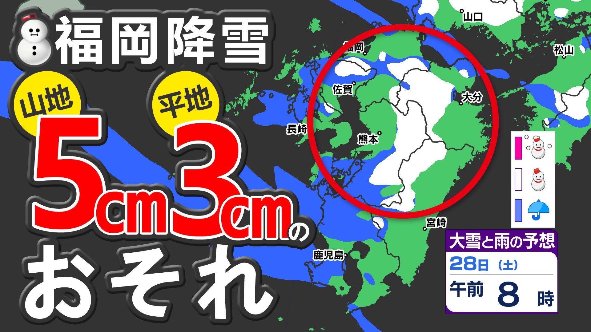 【大雪に関する気象情報】福岡県平地は３ｃｍ予想に増える【福岡・佐賀・長崎・大分・熊本 多い所５ｃｍ降雪】雨と雪のシミュレーション