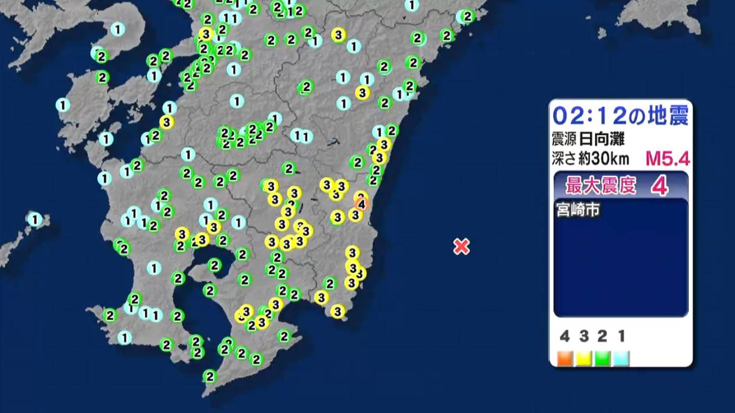 日向灘で地震相次ぐ　未明に最大震度4の地震　鹿児島でも震度3