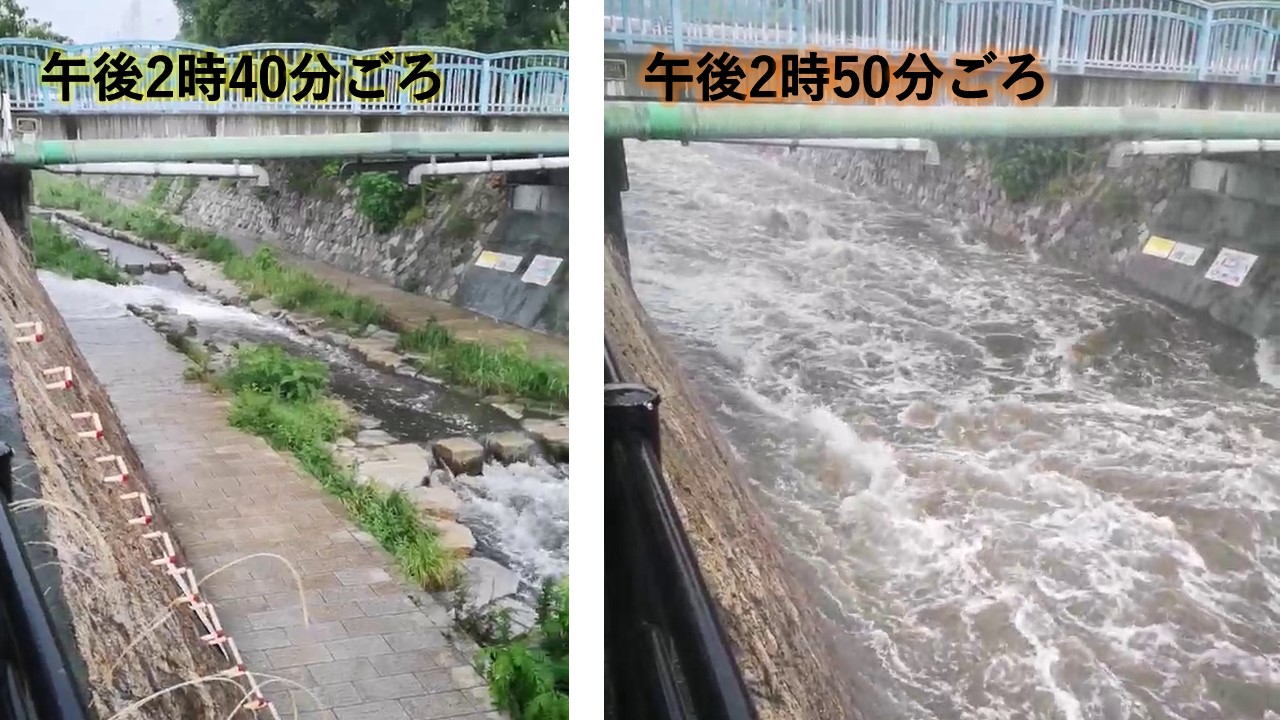 大阪や神戸でゲリラ豪雨　神戸の都賀川では約10分で川が増水、遊歩道を飲み込んで濁流に