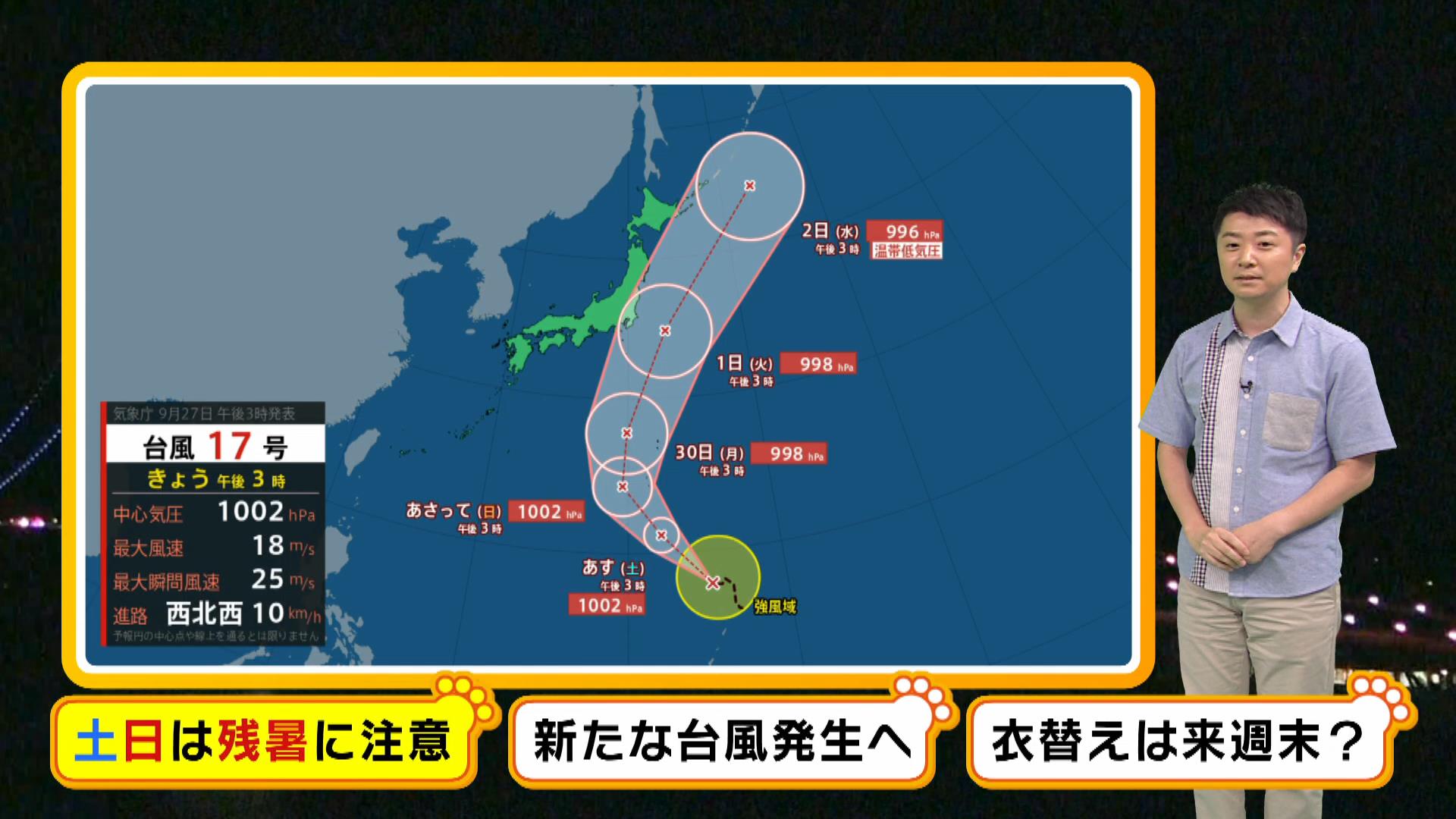 【近畿の天気】土日は残暑に注意　『台風１７号』発生　沖縄近海の熱帯低気圧も台風へ