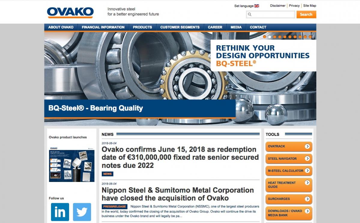 新日鐵住金：欧州特殊鋼メーカー Ovako AB社を完全子会社化 