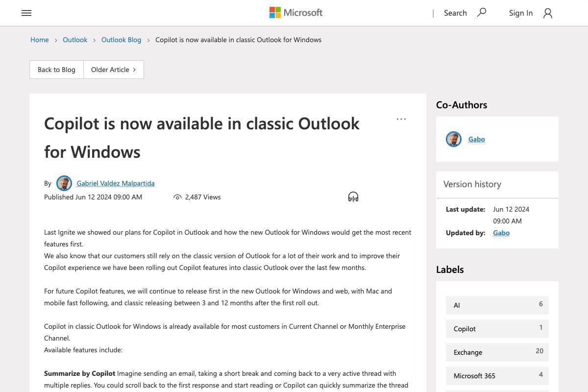 Microsoft、クラシック版OutlookにもCopilot機能導入