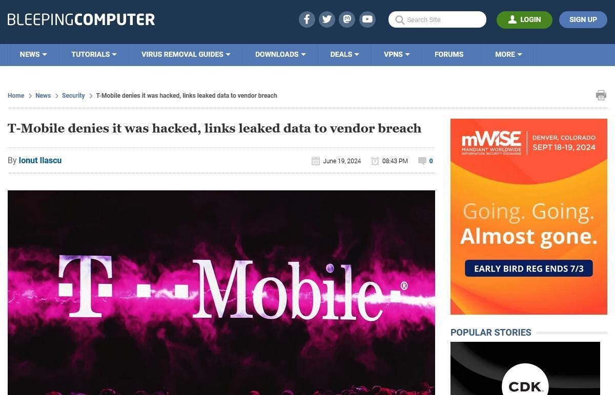 サイバー攻撃者がT-Mobileを侵害したと主張、T-Mobileは否定