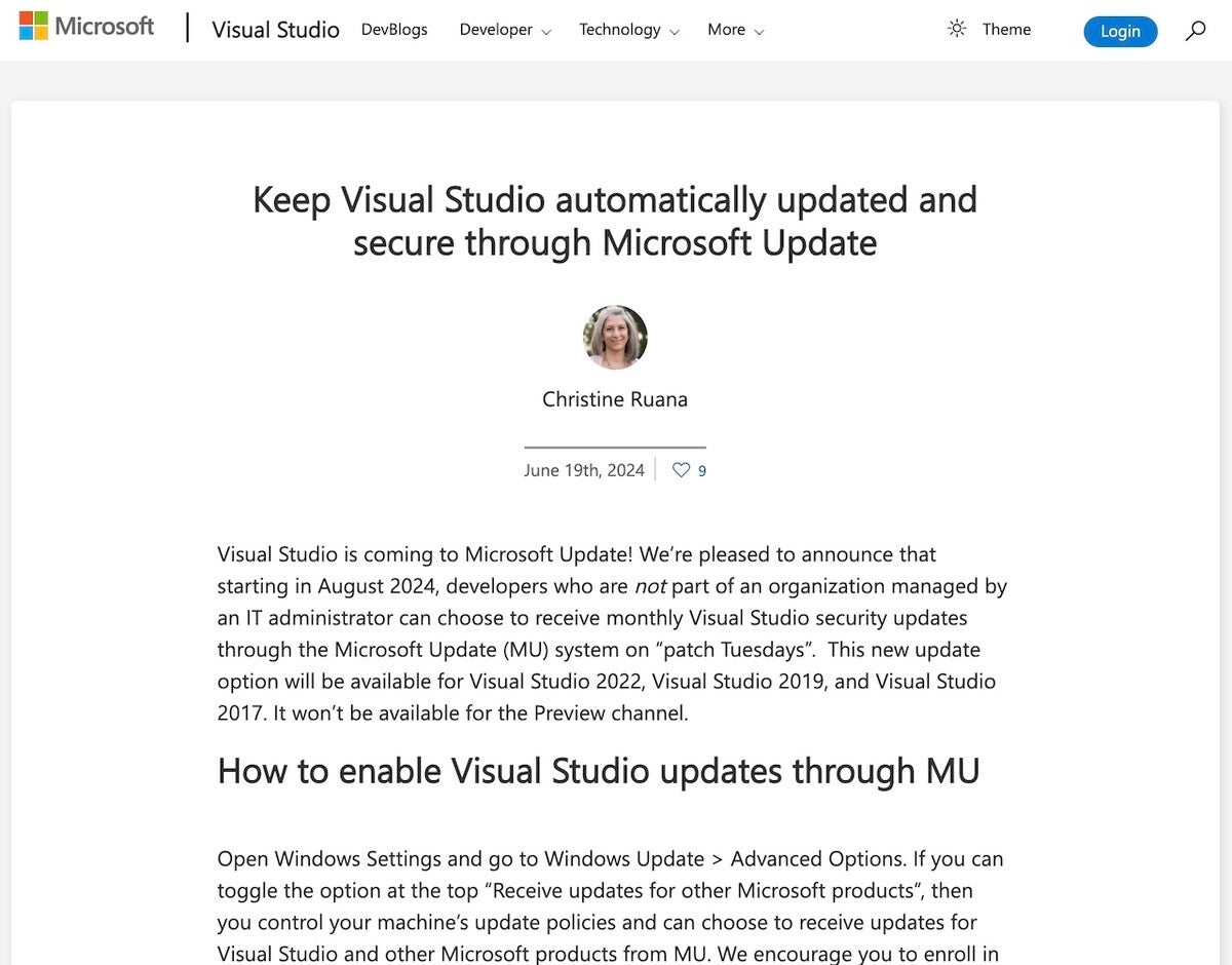 2024年8月より、Microsoft Update経由でVisual Studioの更新が可能に