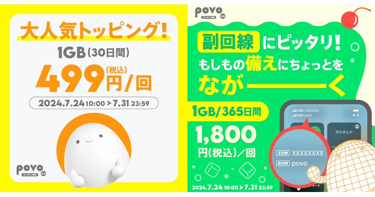 povo2.0、7月の月末セールを開始 - 1GB（30日間）499円、0.5GB（24時間）3回分300円など