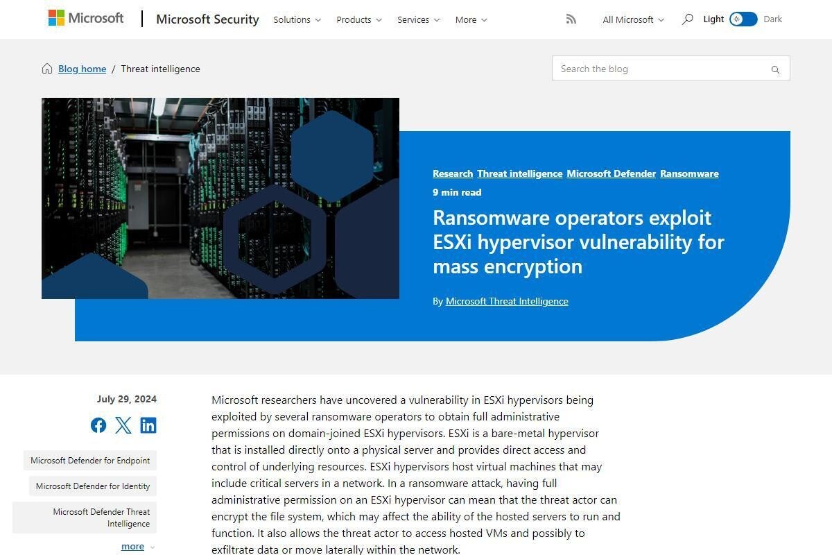 MicrosoftがVMware ESXi権限昇格の脆弱性悪用を確認、アップデートを