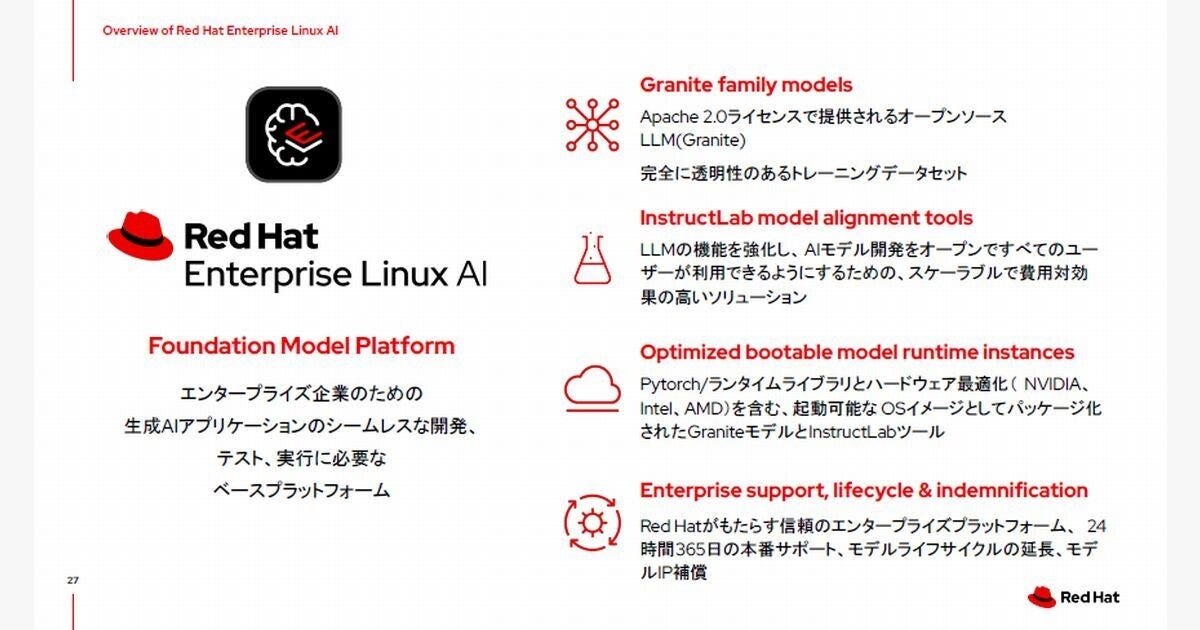 生成AI開発プラットフォーム「Red Hat Enterprise Linux AI」、一般提供開始