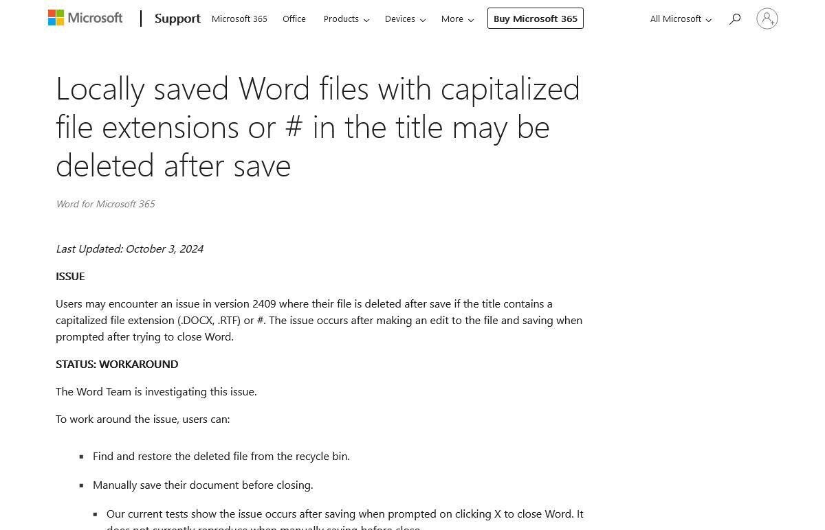 Microsoft Wordにファイルを削除する不具合発生中