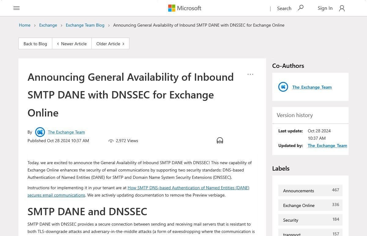 Microsoft、DNSSECを使用した受信SMTP DANEの一般提供を開始